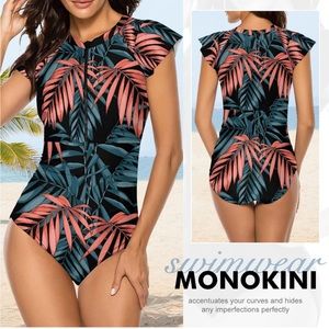 Wolddress Women Modest One Piece Bathing Suit Short Sleeve Tummy Control Swimsui